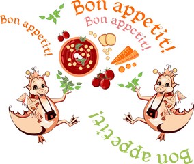 Happy dragons wish bon appetit. Healthy food - carrots and tomatoes. Vector illustration.