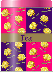 Tea packaging with bright yellow flowers. Vector illustration.