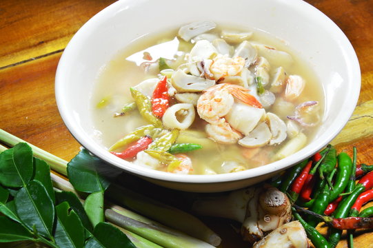 spicy seafood hot soup and mixed herb