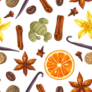 Seamless pattern with various spices. Illustration of anise, cloves, vanilla, ginger and cinnamon