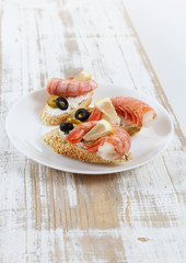 Tasty various Italian sandwiches with seafood