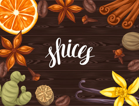 Background design with various spices. Illustration of anise, cloves, vanilla, ginger and cinnamon - Powered by Adobe