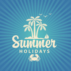 Fototapeta na wymiar Travel banner summer vacation with island and palm trees on a blue background