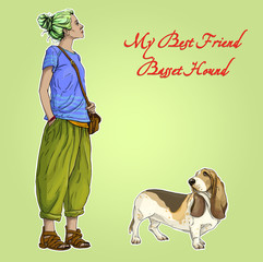 Young beautiful woman girl with best friend basset hound dog