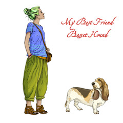 Young beautiful woman girl with best friend basset hound dog