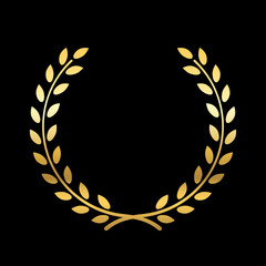 Gold laurel wreath. Symbol of victory and achievement. Design element for decoration of medal, award, coat of arms or anniversary logo. Golden leaf silhouette on black background. Vector illustration.