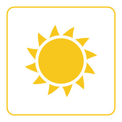 Sun icon. Light sign with sunbeams. Yellow design element, isolated on white background. Symbol of sunrise, heat, sunny and sunset, sunlight. Flat modern style for weather forecast Vector Illustration