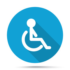 White Wheel Chair icon on blue button isolated on white
