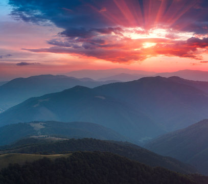 Beautiful  panoramic sunset in the mountains landscape.