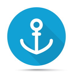 White Anchor icon on blue button isolated on white