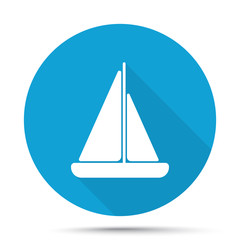 White Sailboat icon on blue button isolated on white