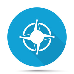 White Compass Rose icon on blue button isolated on white