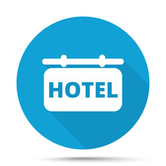 White Hotel Sign icon on blue button isolated on white