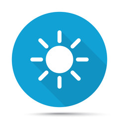 White Sun icon on blue button isolated on white
