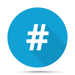 White Hashtag icon on blue button isolated on white