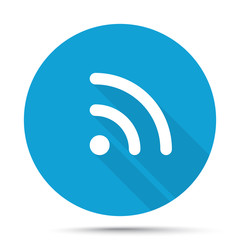 White Rss icon on blue button isolated on white