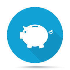 White Piggy Bank icon on blue button isolated on white