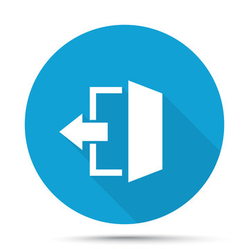 White Exit icon on blue button isolated on white