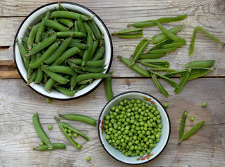 Green pea pods and cleaned in a metal bowl on a wooden background