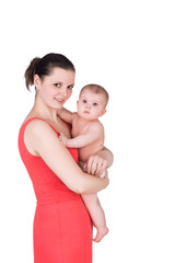 smiling young mother holding her cute baby child isolated on white