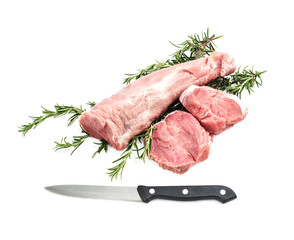 pork fillet with rosemary and knife isolated on white