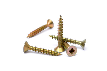 Pile of wood screws isolated on white background