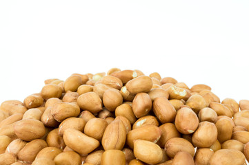 Close up of processed peanuts on white background with copy spac