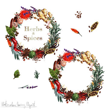 Watercolor Cooking Clipart - Set of 'Herbs and Spices' labels. Isolated