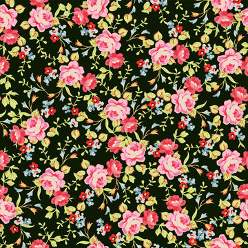 Seamless floral pattern with little pink roses, on black background.