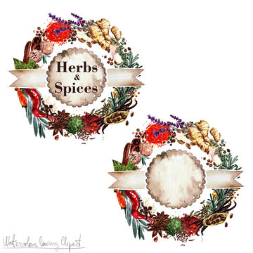 Watercolor Cooking Clipart - Set of 'Herbs and Spices' labels. Isolated