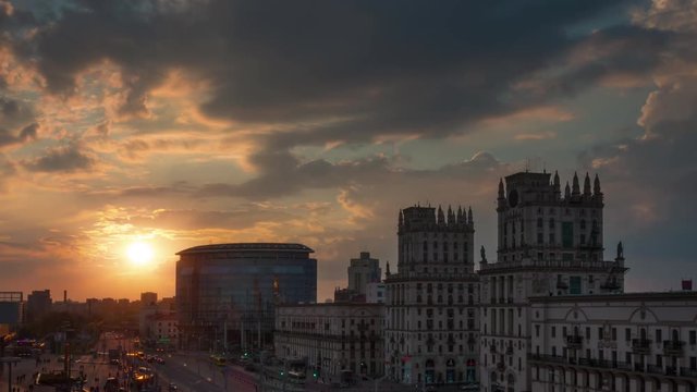 sunset sky minsk city train station famous panorama 4k time lapse belarus
