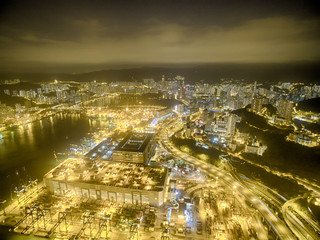 Aerial view of Hong Kong Night Scene, Kwai Chung, Victoria Harbour, Stonecutters' Bridge
