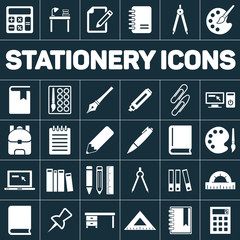 stationery education school icons set white on color background