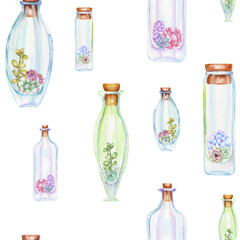 Seamless pattern with watercolor bottles and succulents inside, hand drawn isolated on a white background