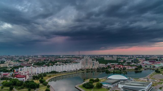 minsk city famous center buildings sunset panorama 4k time lapse belarus
