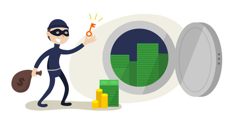 The robber with key from the safe and money bag. Crime concept. Flat illustration.