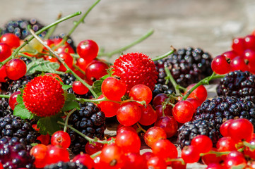 Obraz na płótnie Canvas black mulberry, red currant, a wooden table