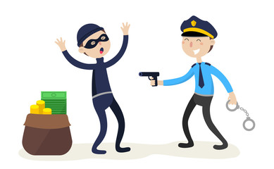 The policeman arrested the thief red-handed. Crime concept. Flat illustration.