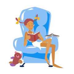 Armchair and girl with book in flat style. Vector illustration