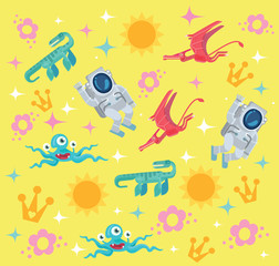 Background with different monsters and dinosaurs. Space background. Background for children. Vector flat cartoon illustration