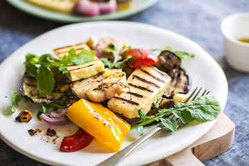 Grilled Halloumi with aubergine and pepper salad