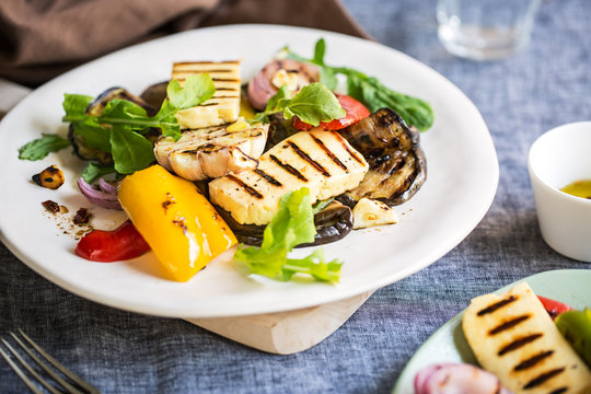 Grilled Halloumi with aubergine and pepper salad
