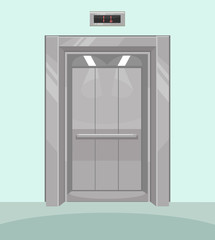 Open elevator. Iron elevator with open doors. Vector flat cartoon illustration