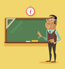 Smart teacher standing near blackboard. Vector flat cartoon illustration