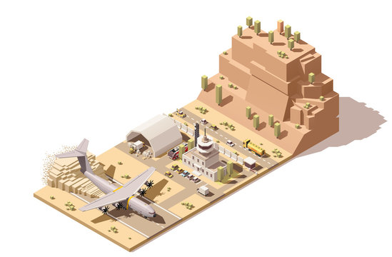 Vector isometric low poly airport terminal building with airplane and Ground Support Equipment