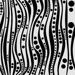 Wavy black and white contrasting abstract design with thin and thick curves and various circles