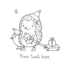 A hedgehog, a bird, a gift and a Christmas tree.