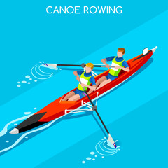 Olympics Canoe Sprint Rowing Coxless Pair Summer Games Icon Set.3D Isometric Canoeist Paddler.Rowing Canoe Coxless Pair Sporting Competition Race.Olympics Sport Infographic Canoe Rowing Vector 