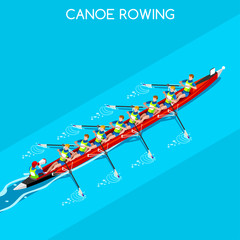Olympics Canoe Rowing Coxswain Eight Summer Games Icon Set.3D Isometric Canoeist Paddler.Rowing Canoe Coxswain Eight Sporting Competition Race.Olympics Sport Infographic Canoe Rowing Vector 