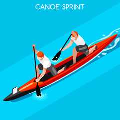 Olympics Canoe Sprint Double Summer Games Icon Set.3D Isometric Canoeist Paddler.Sprint Canoe Sporting Competition Race.Olympics Sport Infographic Canoe Vector Illustration